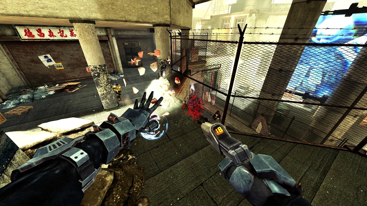First-person SPRAWL zero combat: Gravity Gloves and a pistol firing in a fenced city alley