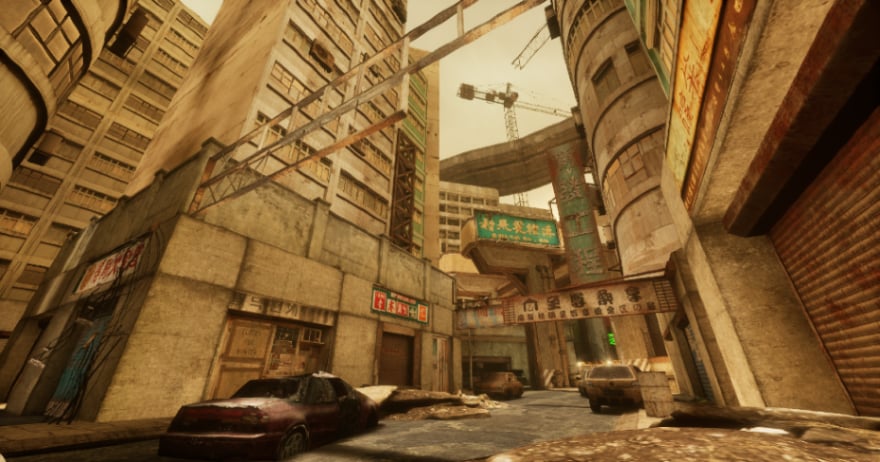 SPRAWL zero city street with stacked tenements, cranes, and faded neon signs under a yellow sky